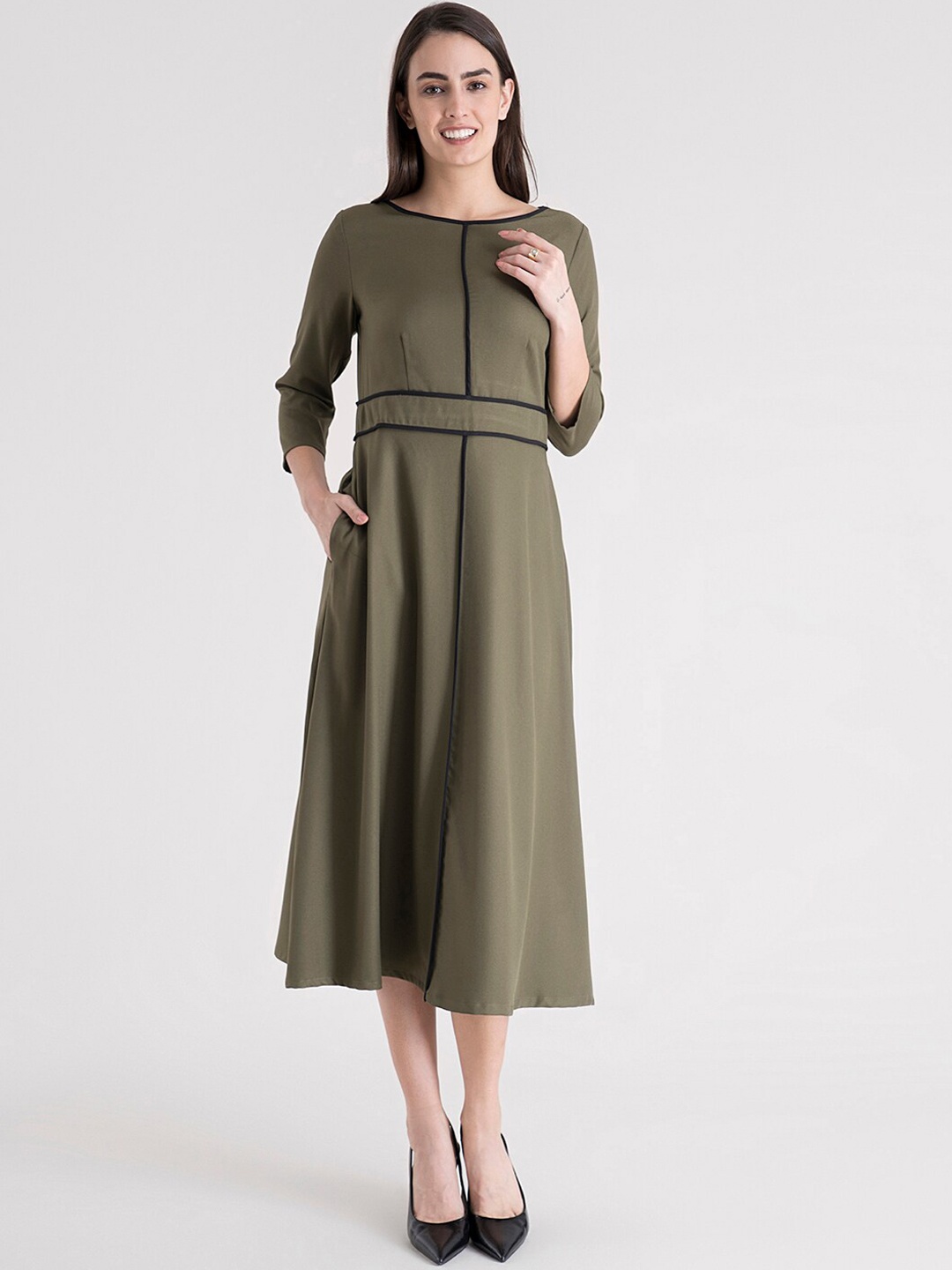 

FableStreet Olive Green Formal A-Line Midi Dress