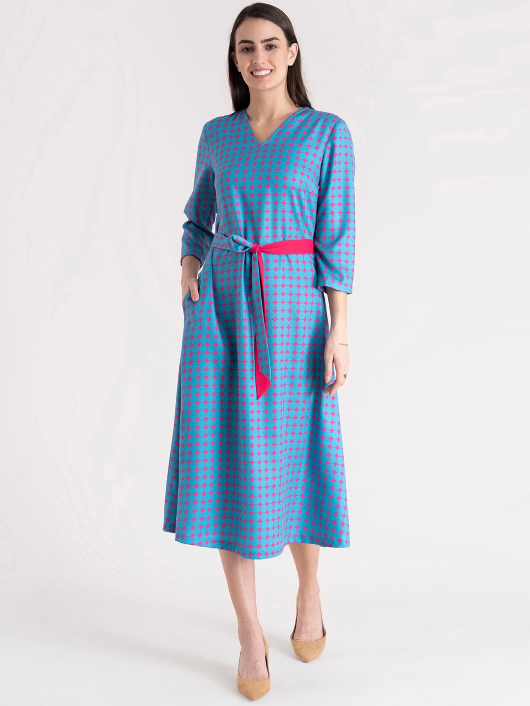 

FableStreet Blue & Pink A-Line Midi Dress