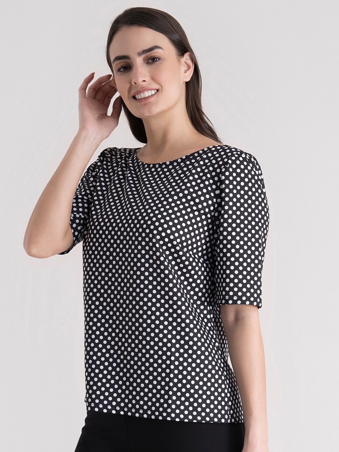 

FableStreet Black & White Polka Dots Printed Regular Top