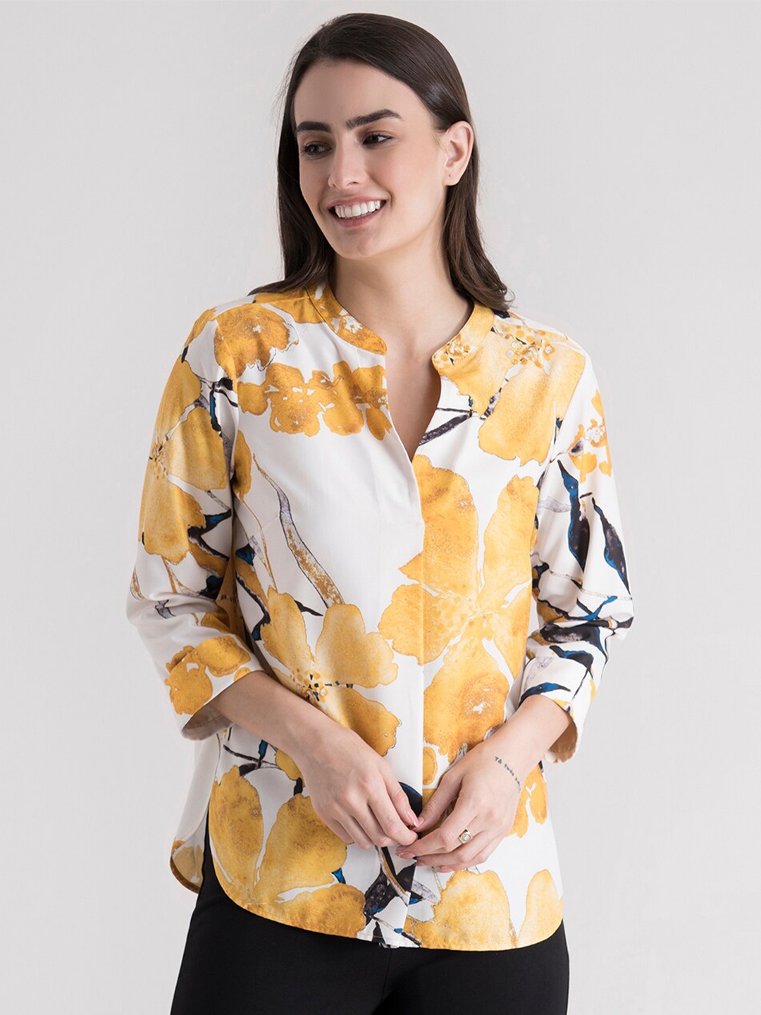 

FableStreet Mustard Yellow Floral Mandarin Collar Regular Top