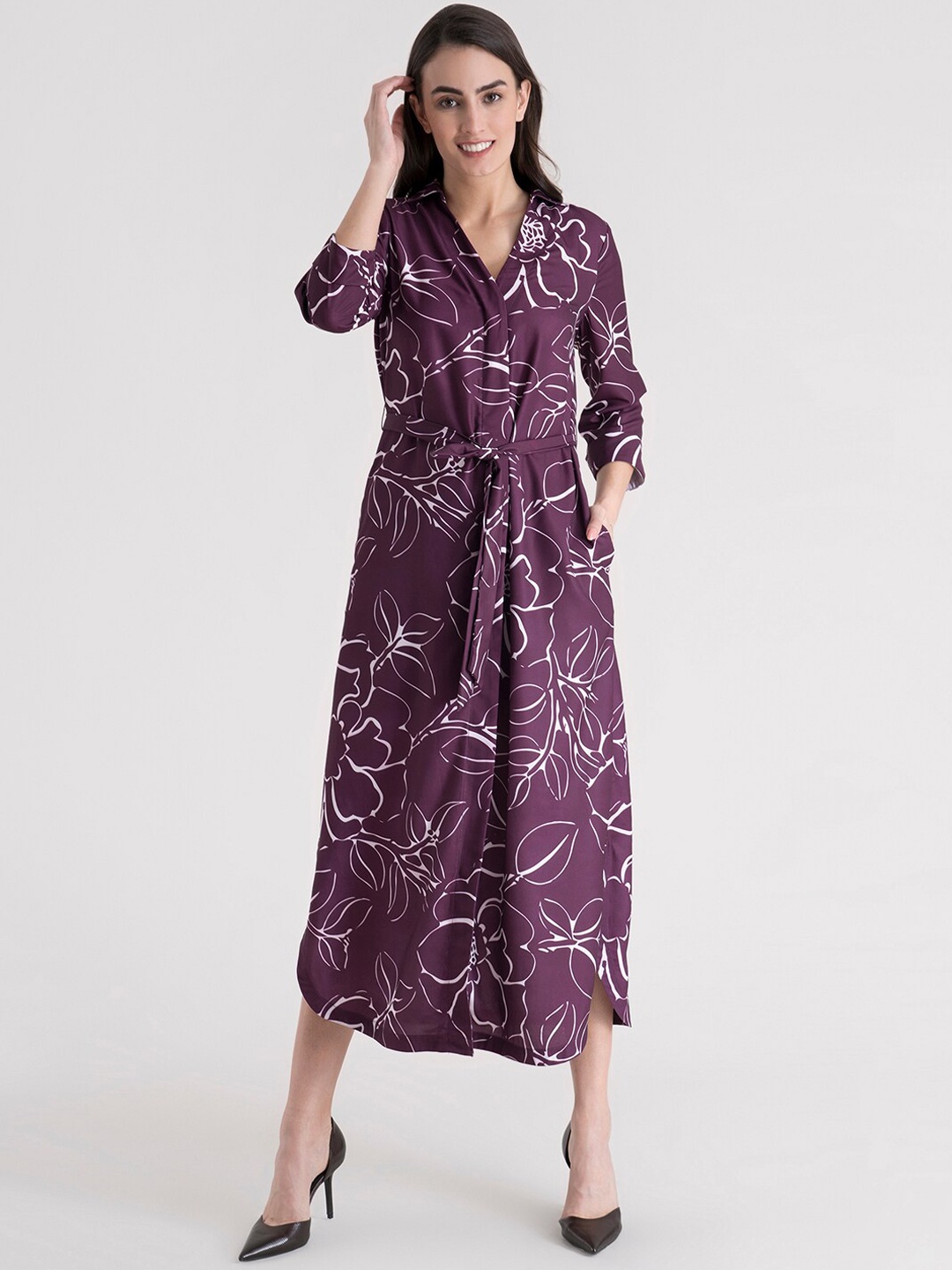 

FableStreet Maroon Floral A-Line Midi Dress