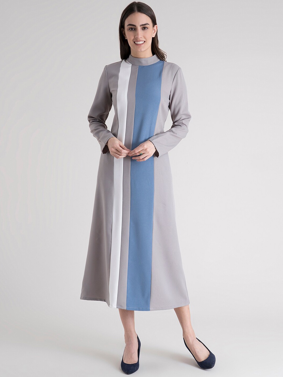 

FableStreet Grey & Blue Colourblocked Formal A-Line Midi Dress