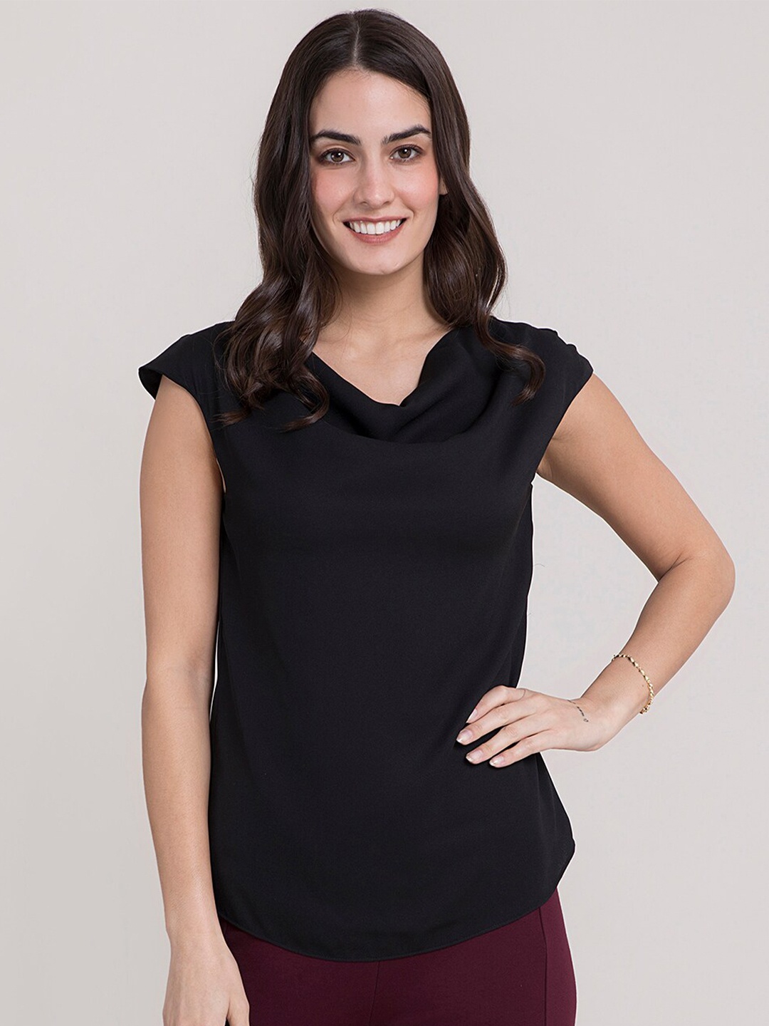 

FableStreet Black Cowl Neck Regular Top