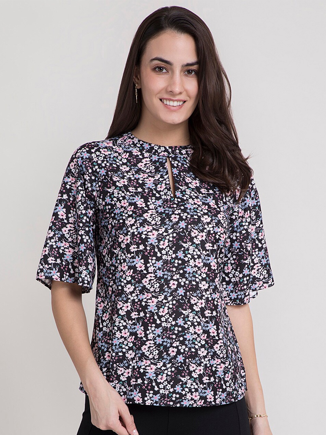 

FableStreet Black Floral Keyhole Neck Regular Top