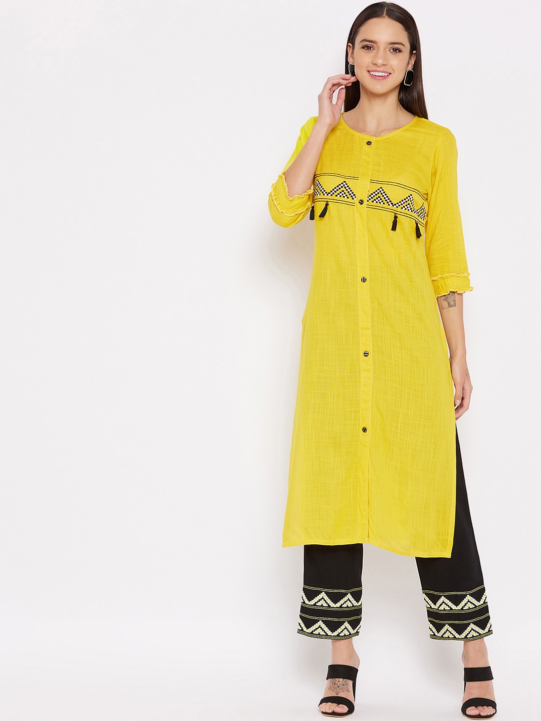 

WineRed Women Yellow Embroidered Kurta with Trousers