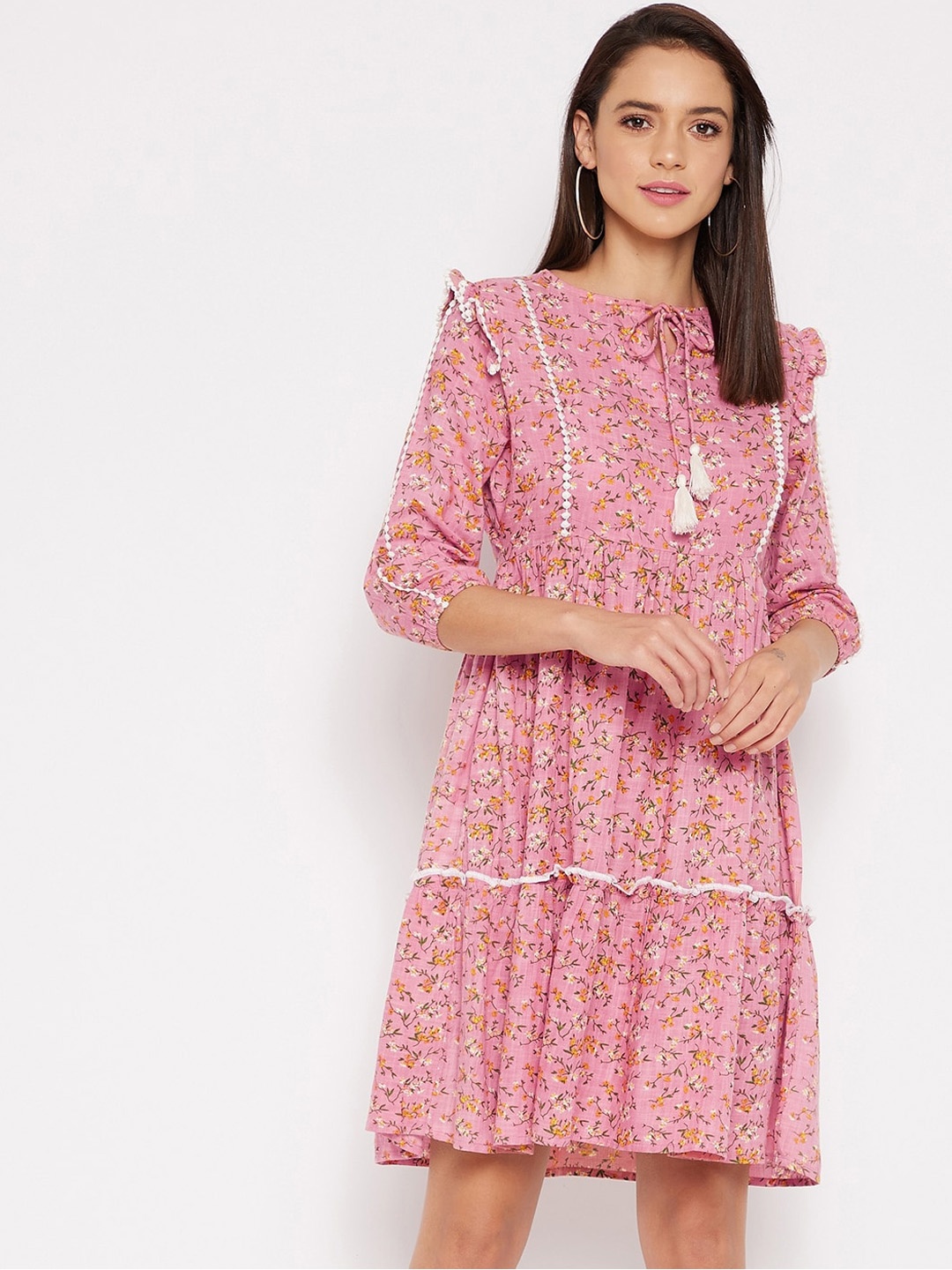 

WineRed Pink Floral A-Line Dress
