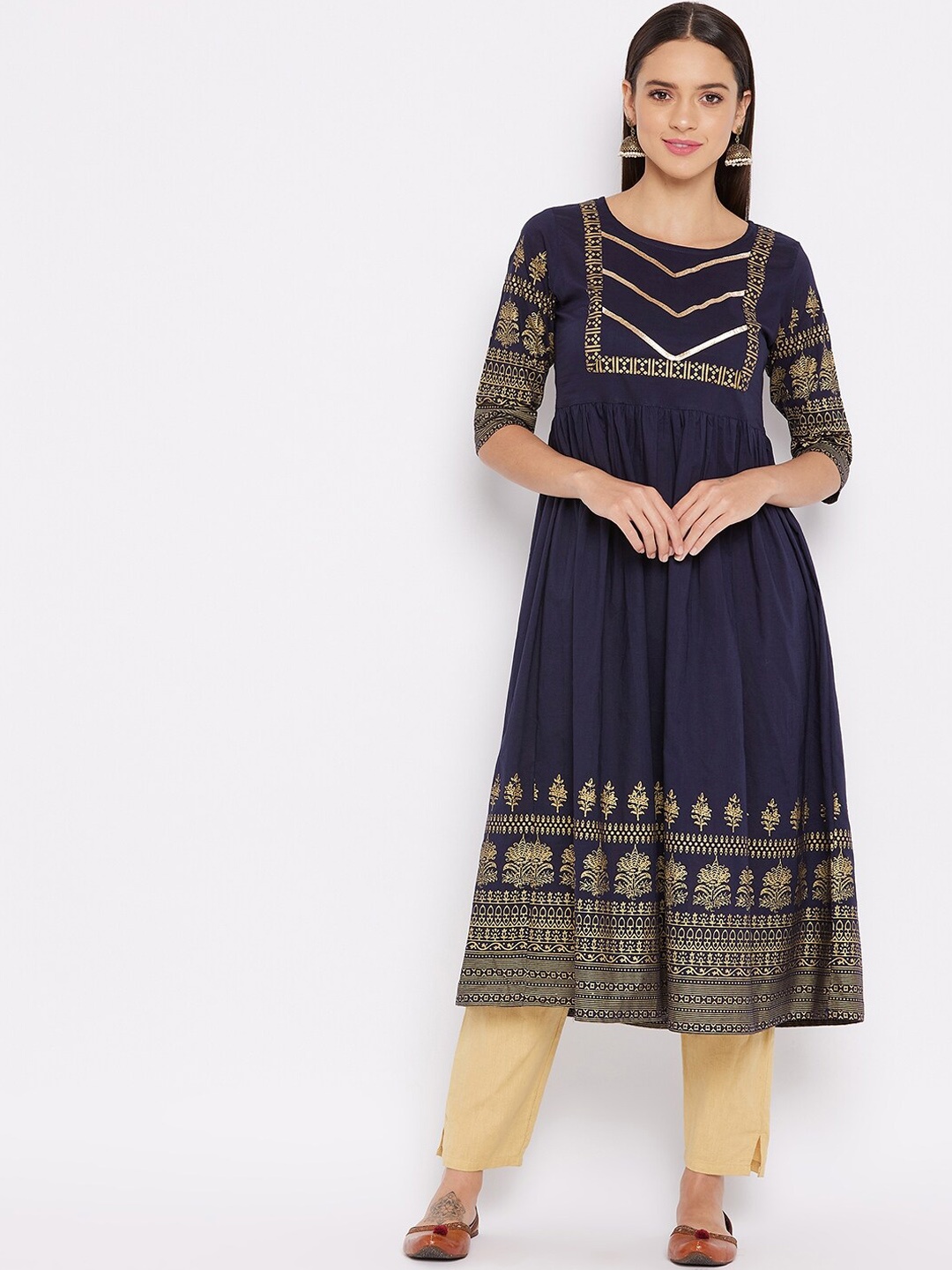 

WineRed Women Navy Blue Printed Cotton Kurta