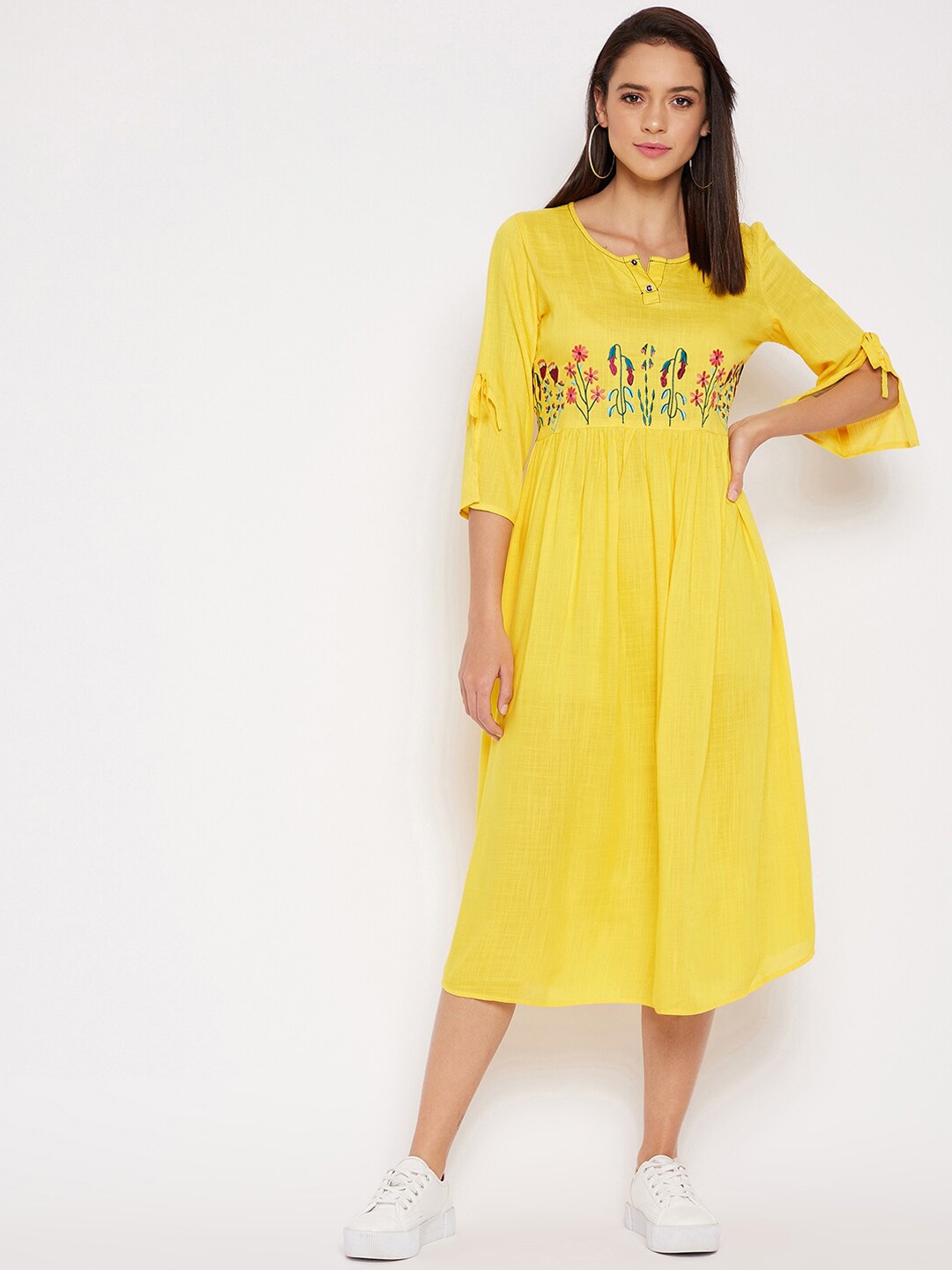 

WineRed Yellow A-Line Midi Dress