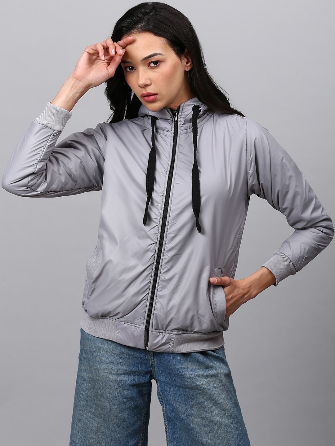 

Campus Sutra Women Grey Windcheater Outdoor Bomber Jacket