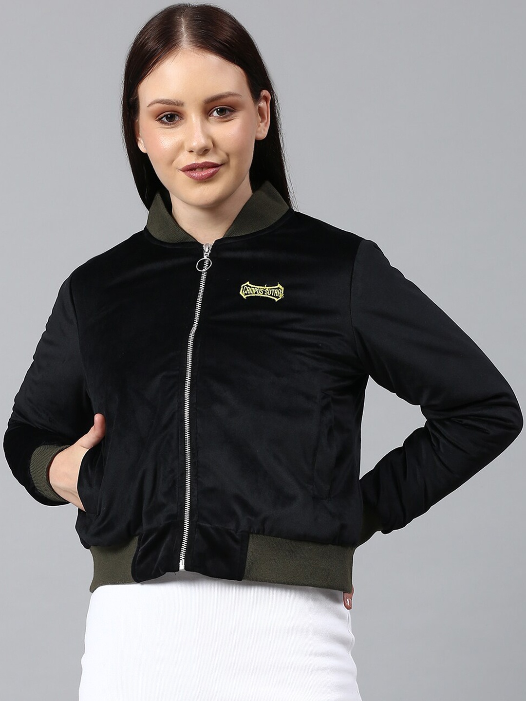 

Campus Sutra Women Black Windcheater Crop Bomber Jacket