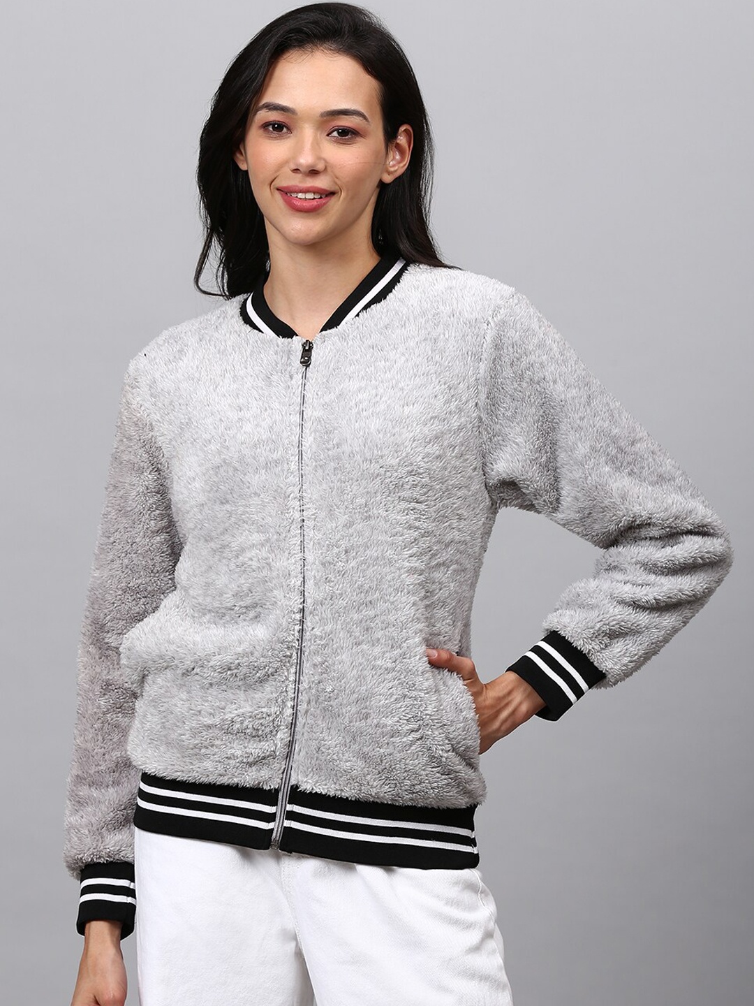 

Campus Sutra Women Grey Suede Windcheater Outdoor Bomber Jacket