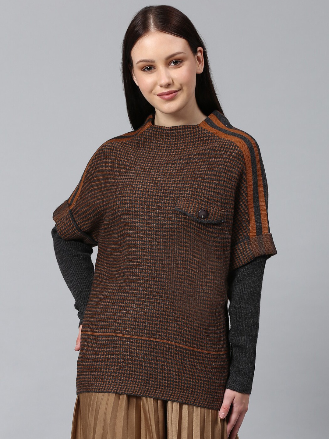 

Campus Sutra Women Brown & Grey Ribbed Wool Pullover