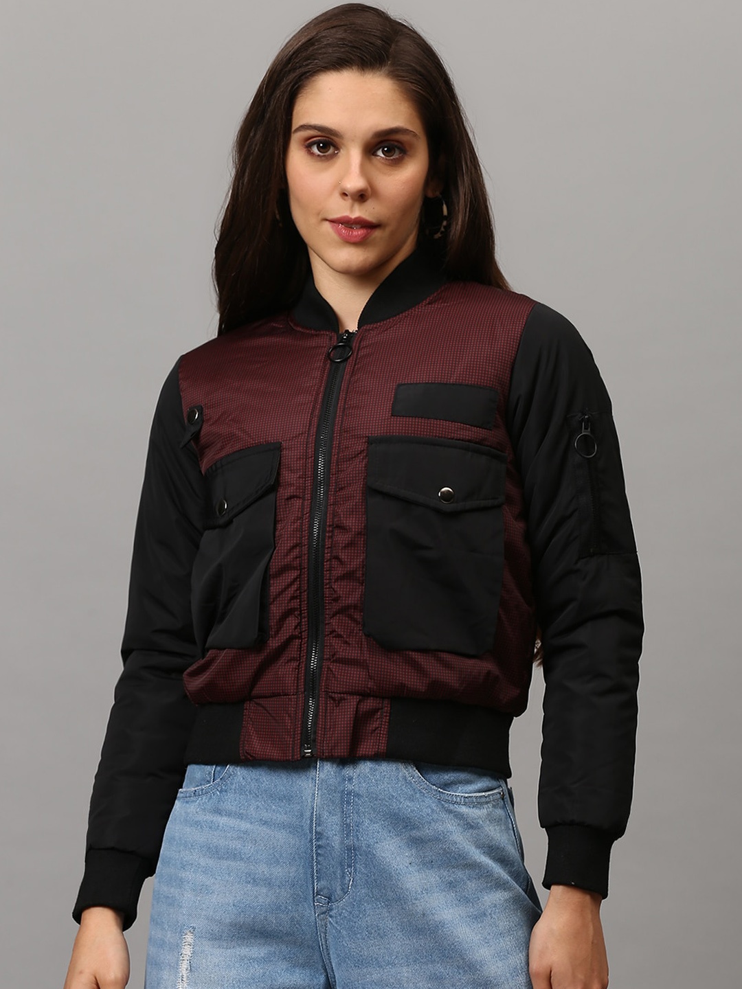 

Campus Sutra Women Red Black Checked Windcheater Crop Outdoor Bomber Jacket
