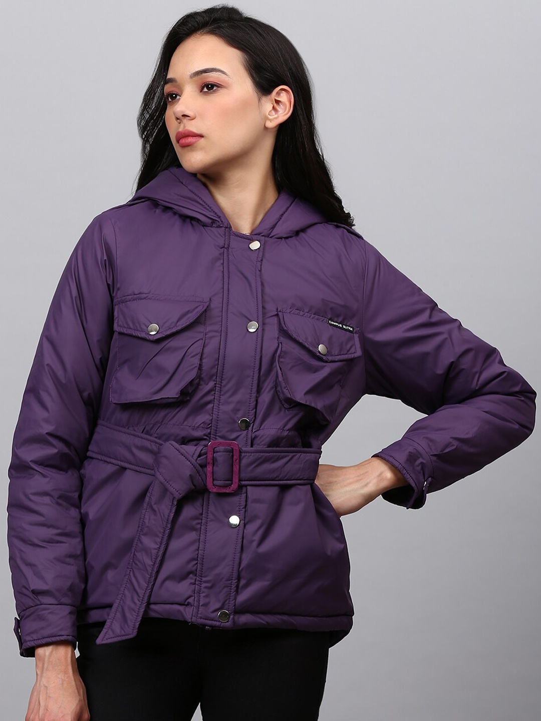 

Campus Sutra Women Purple Windcheater Longline Hooded Bomber Jacket With Belt