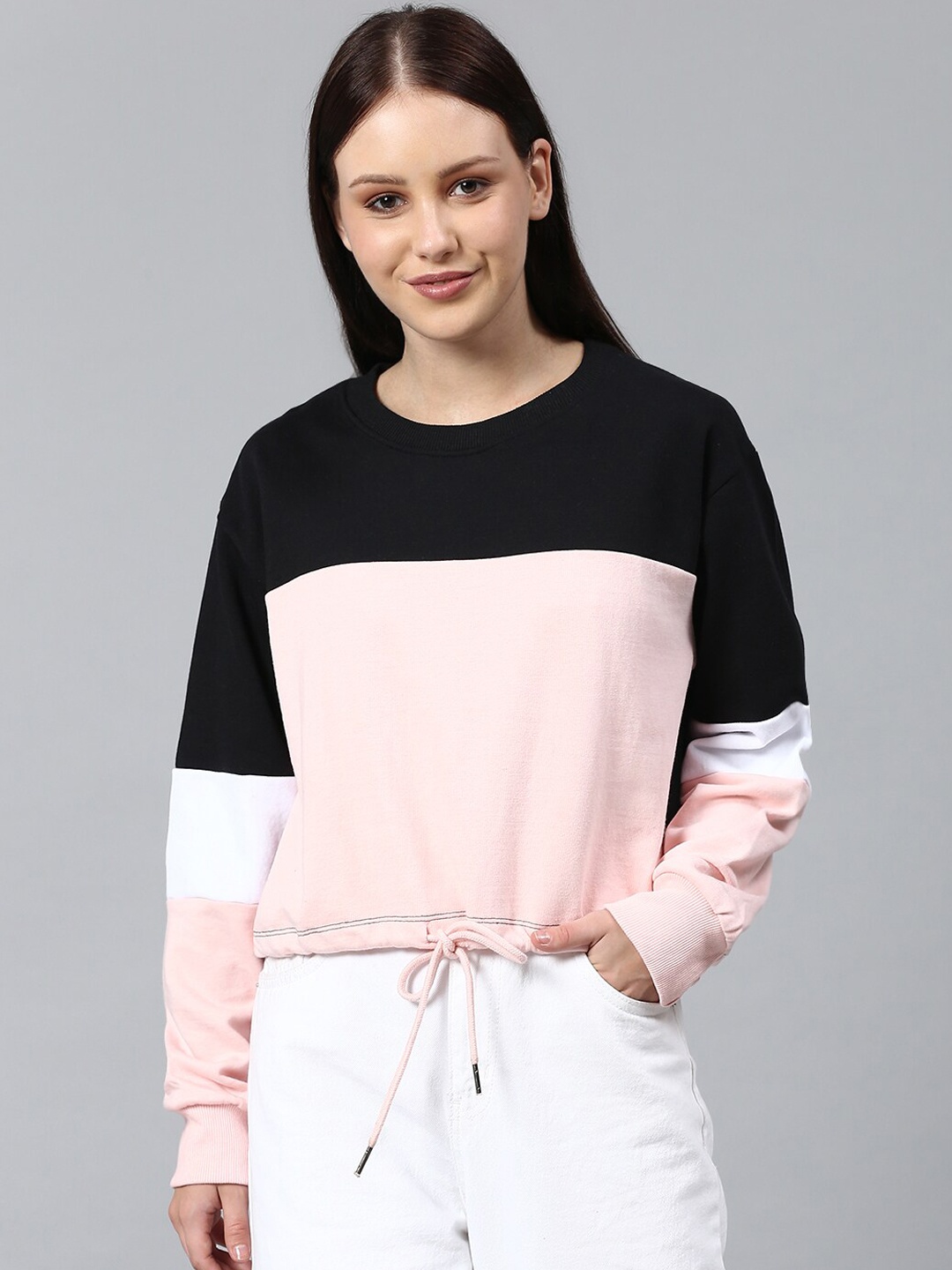 

Campus Sutra Women Black Colourblocked Hooded Sweatshirt