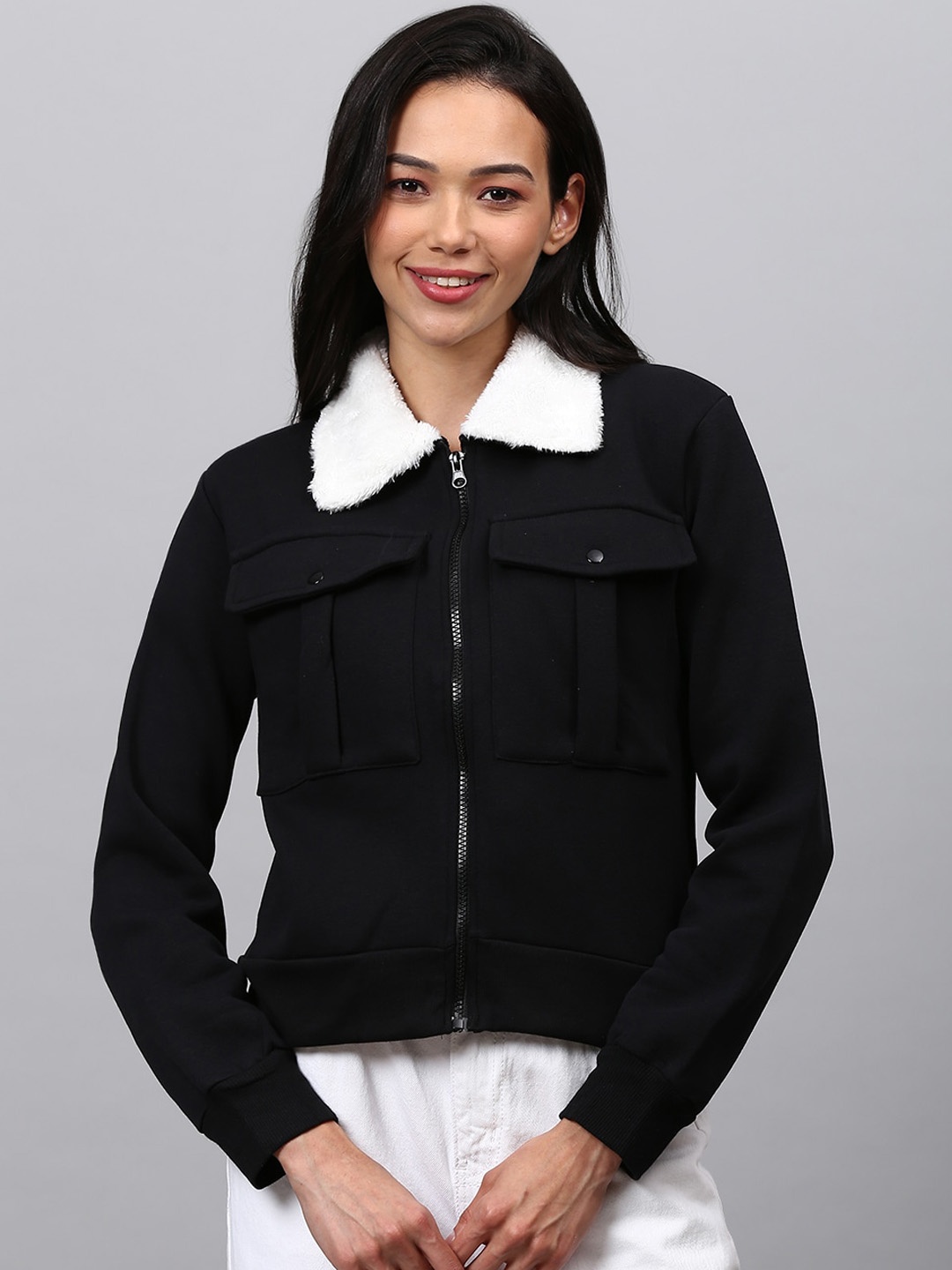 

Campus Sutra Women Black Windcheater Crop Outdoor Tailored Jacket