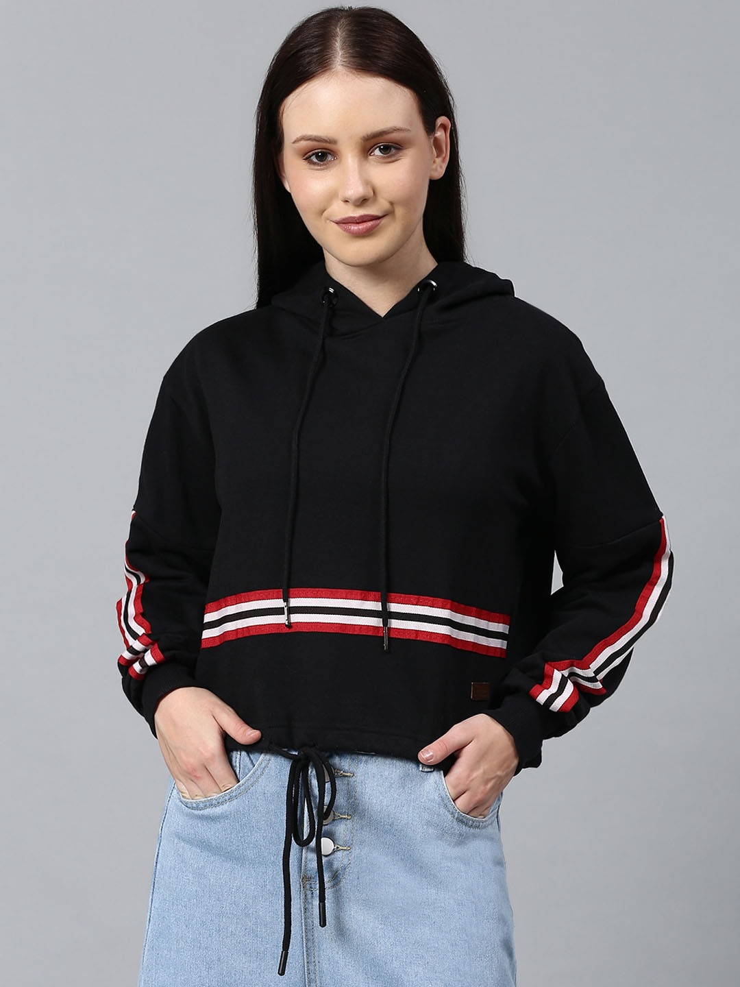 

Campus Sutra Women Black & Red Colourblocked Hooded Sweatshirt