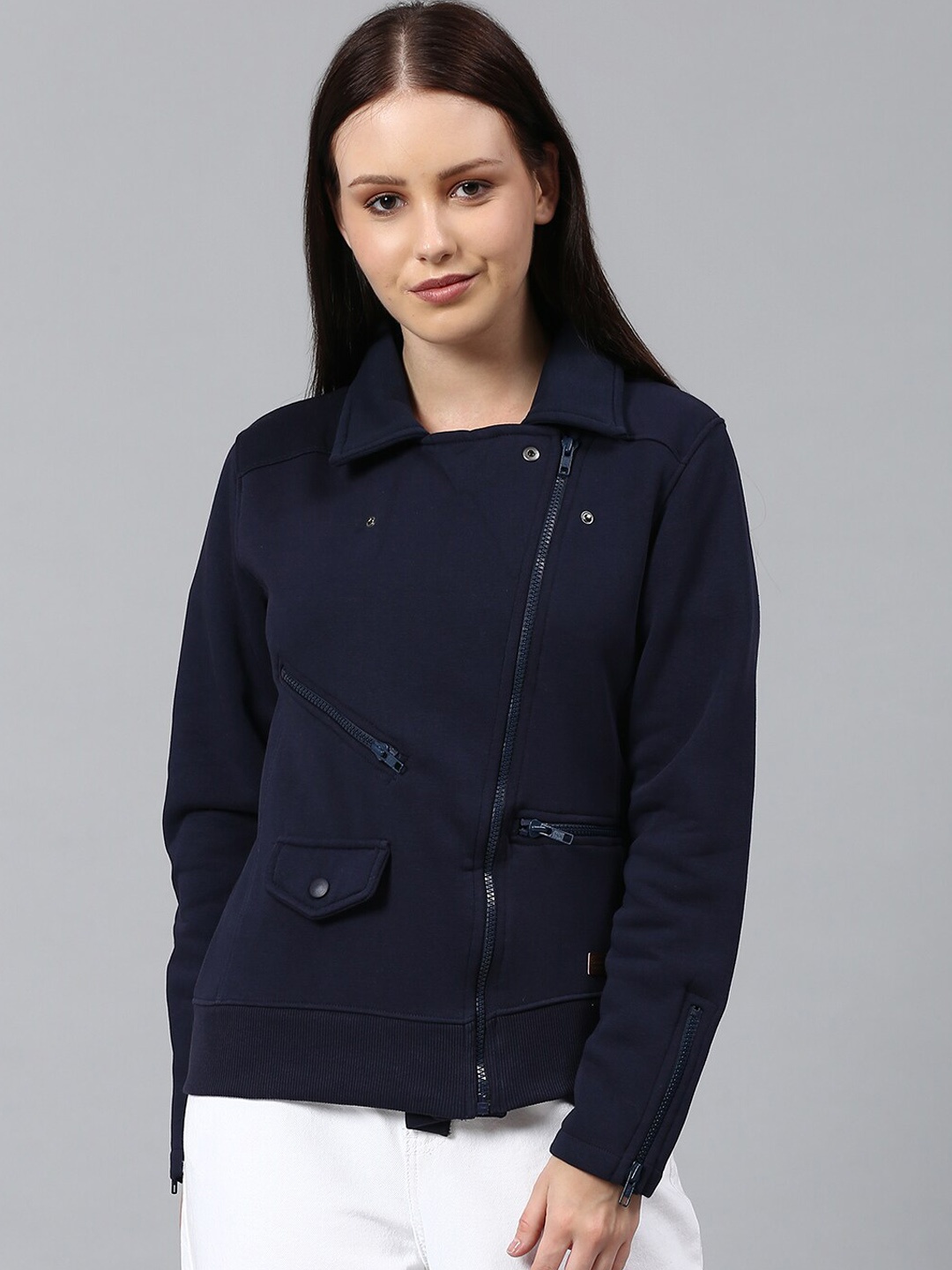Campus Sutra Women Navy Blue Windcheater Tailored Jacket