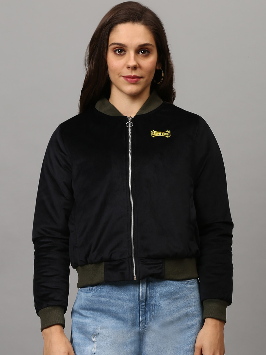 

Campus Sutra Women Black Windcheater Crop Outdoor Bomber Jacket