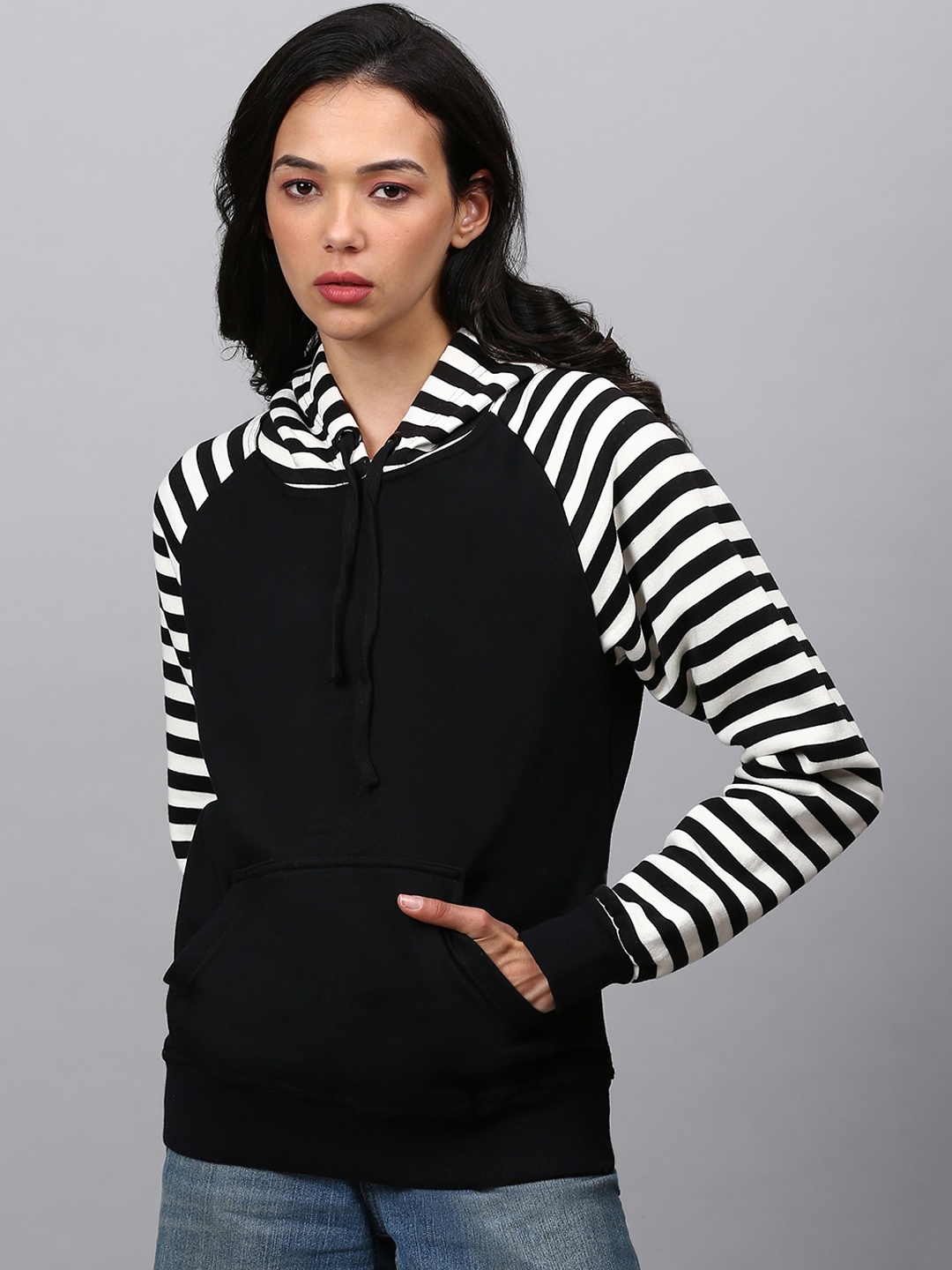 

Campus Sutra Women Black Striped Hooded Sweatshirt