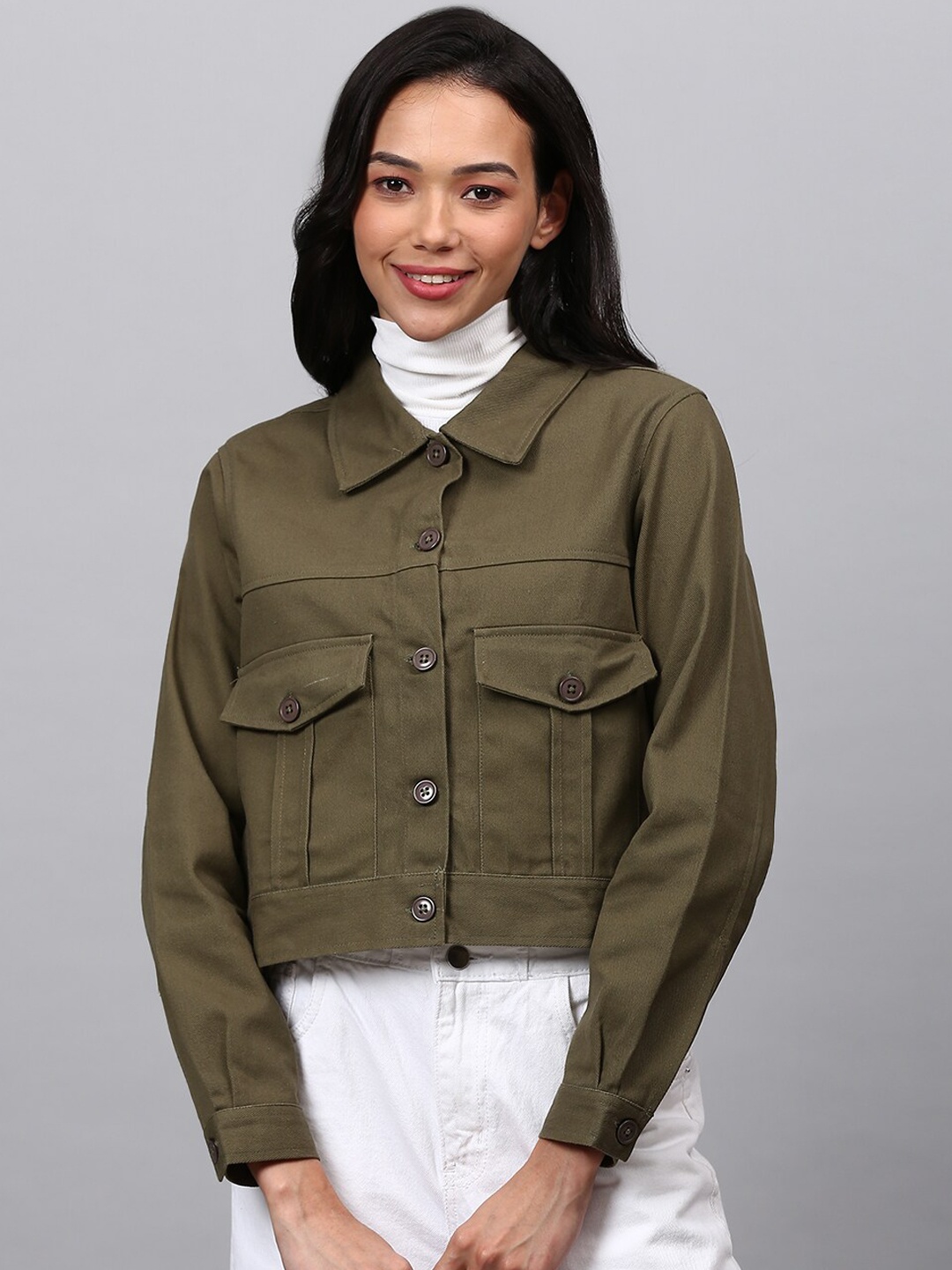 

Campus Sutra Women Olive Green Checked Windcheater Crop Outdoor Denim Jacket