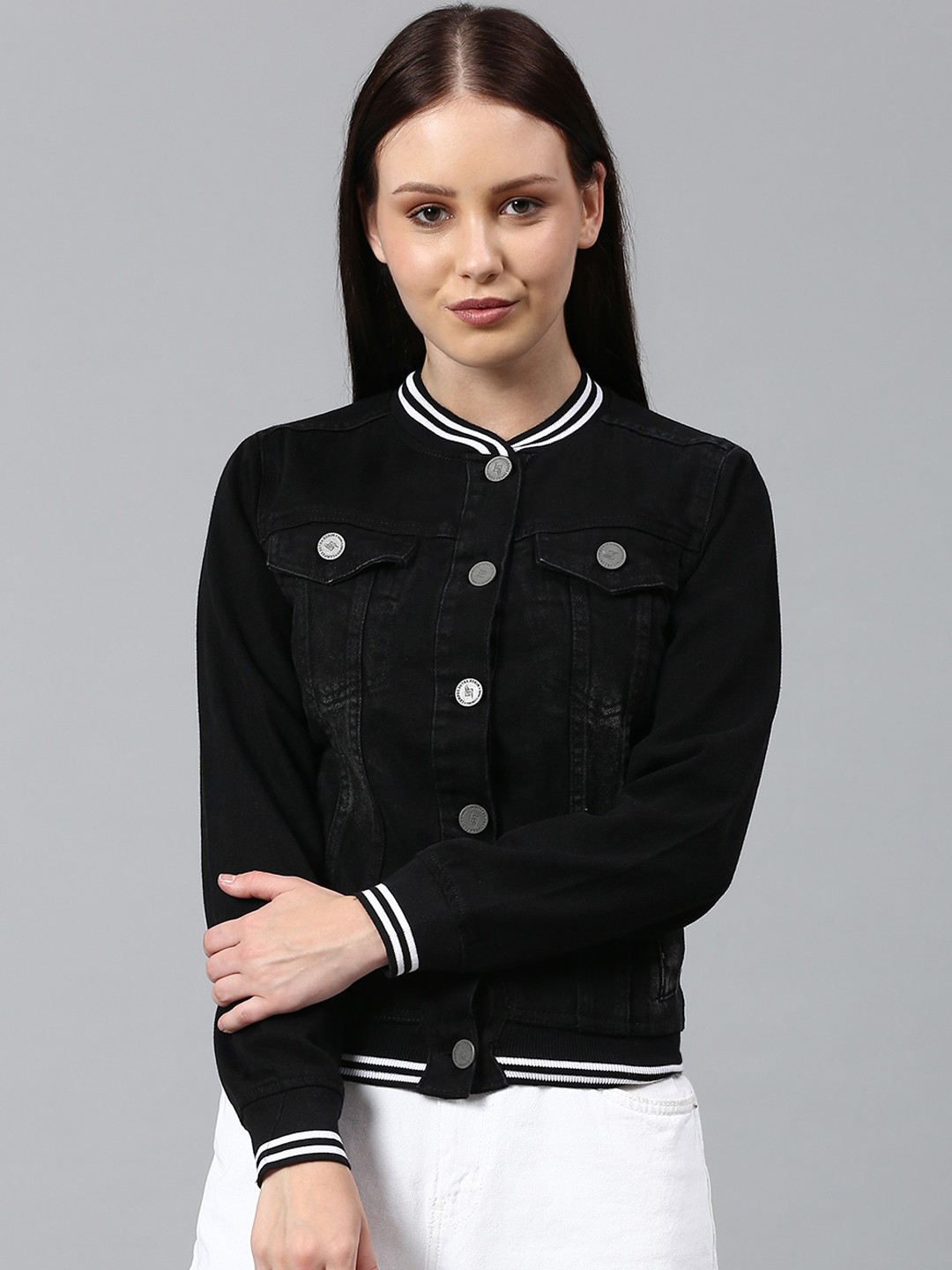 

Campus Sutra Women Black Washed Striped Windcheater Crop Outdoor Denim Jacket