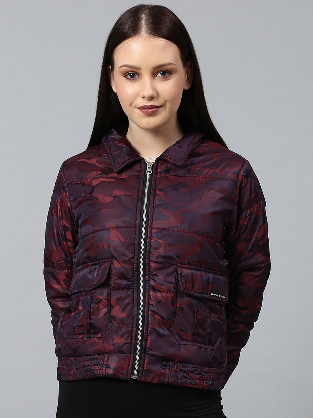 

Campus Sutra Women Maroon Camouflage Windcheater Outdoor Puffer Jacket