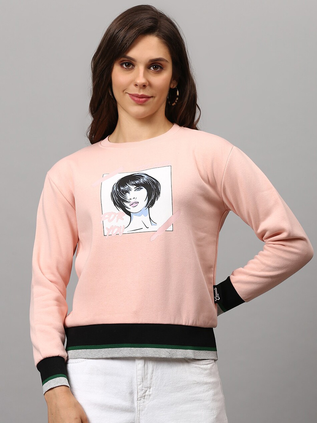 

Campus Sutra Women Pink & Black Cotton Printed Pullover