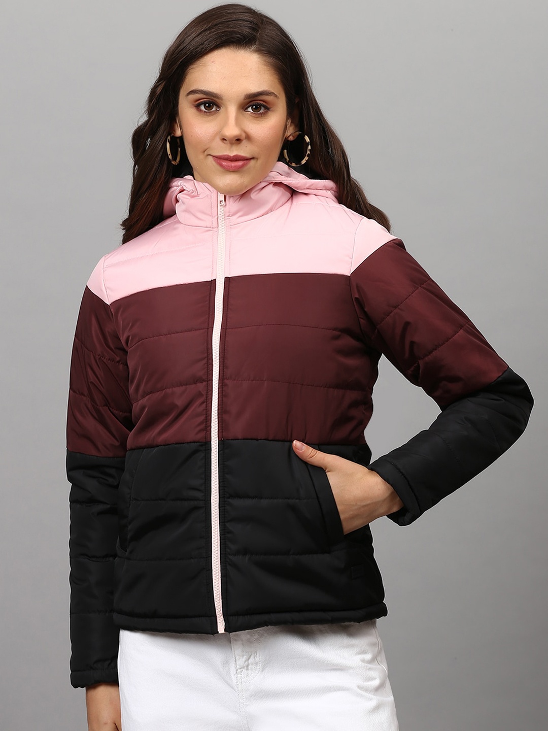 

Campus Sutra Women Multicoloured Colourblocked Windcheater Outdoor Padded Jacket, Black