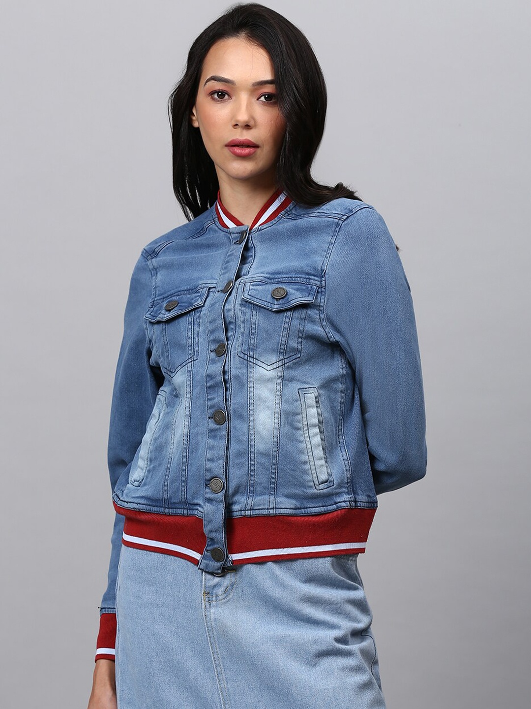 

Campus Sutra Women Blue Washed Windcheater Crop Outdoor Denim Jacket