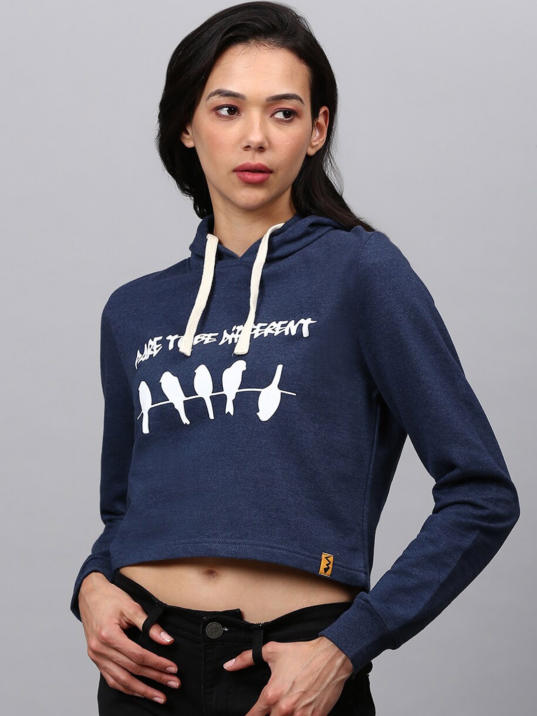 

Campus Sutra Women Blue Printed Hooded Cotton Crop Sweatshirt