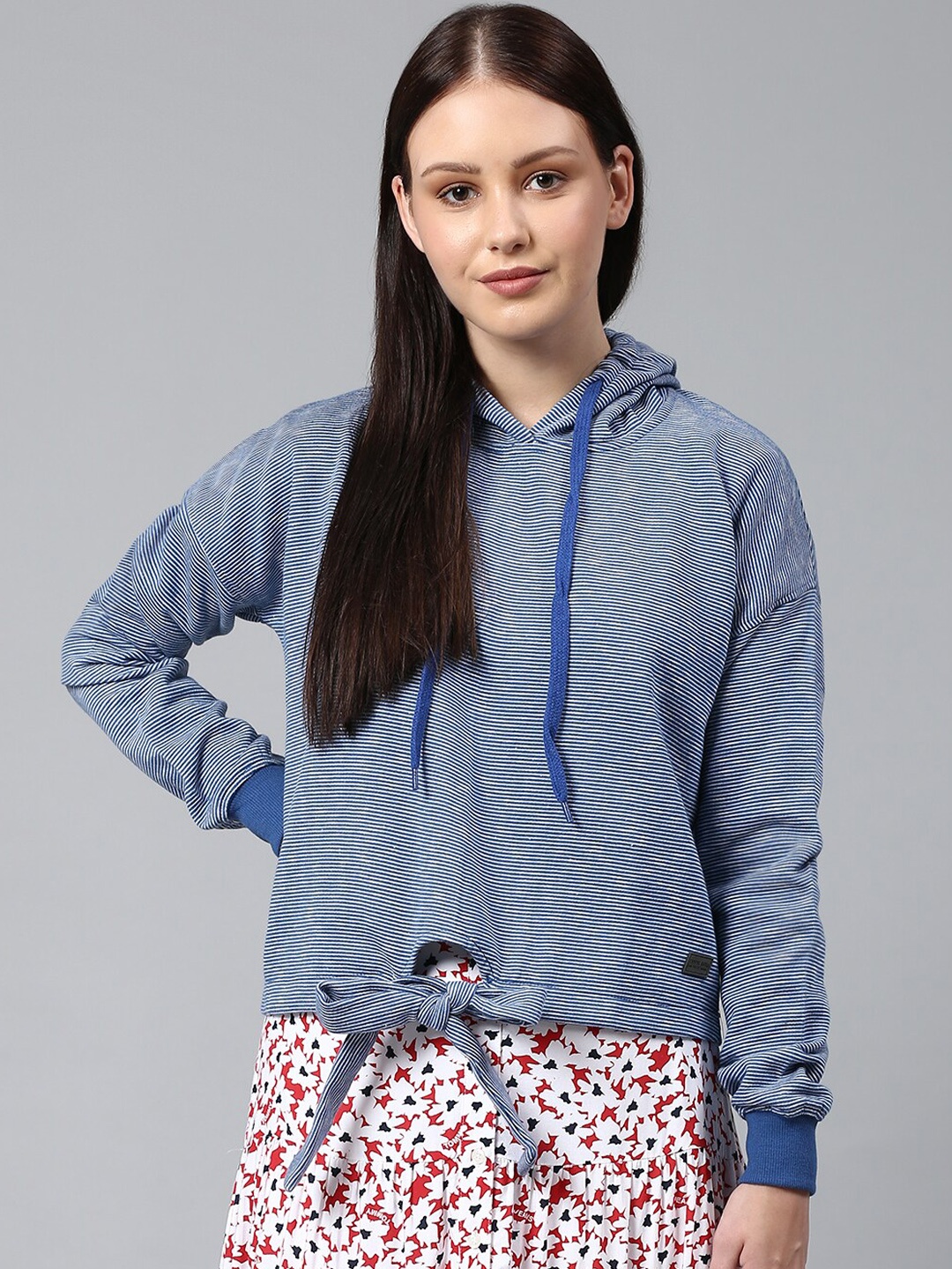 

Campus Sutra Women Blue Striped Hooded Sweatshirt