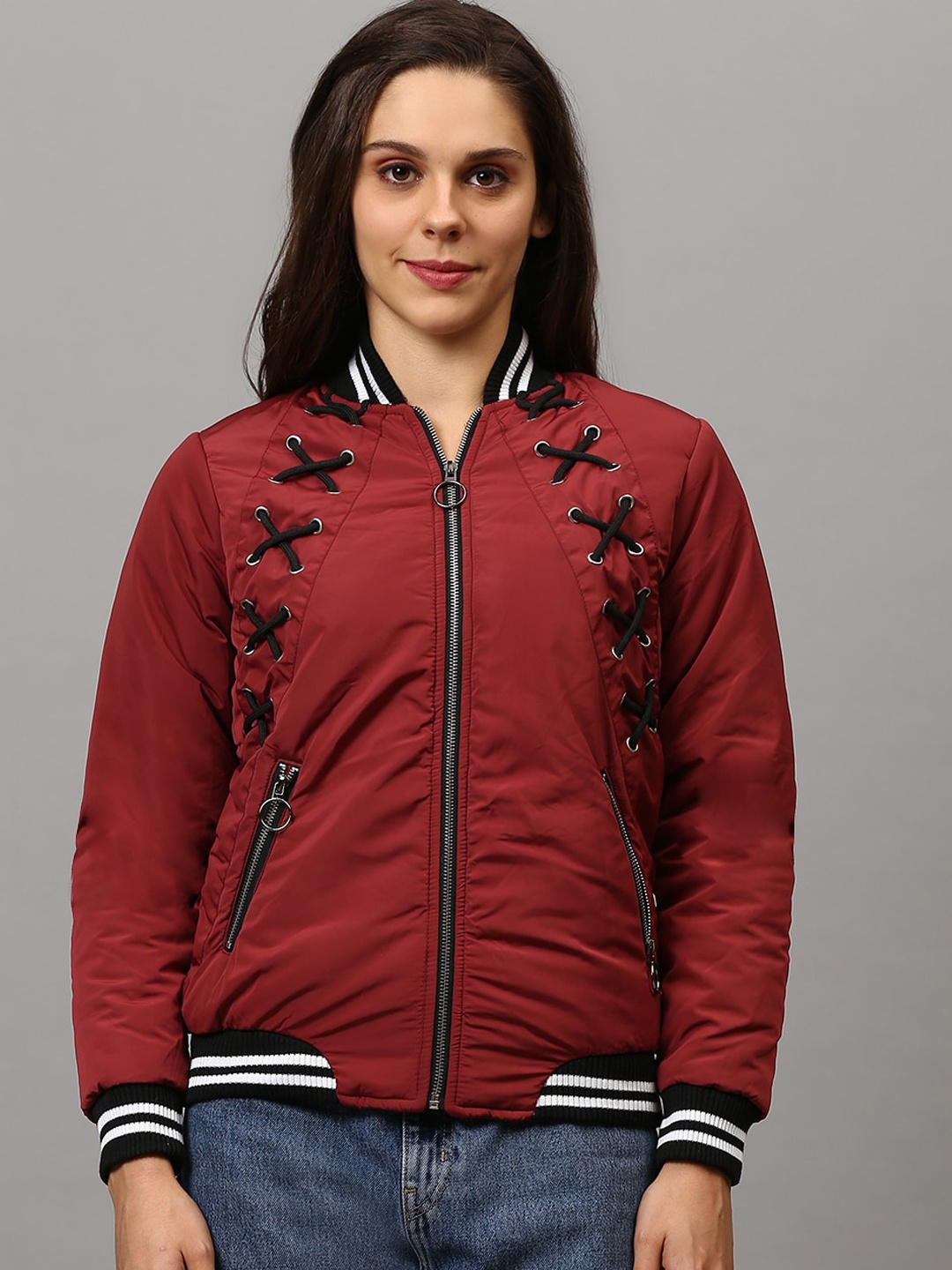 

Campus Sutra Women Red Floral Striped Windcheater Outdoor Bomber with Embroidered Jacket