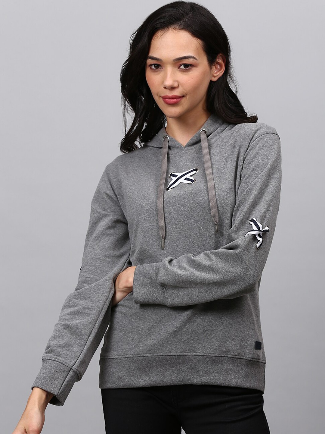 

Campus Sutra Women Grey Hooded Cotton Sweatshirt