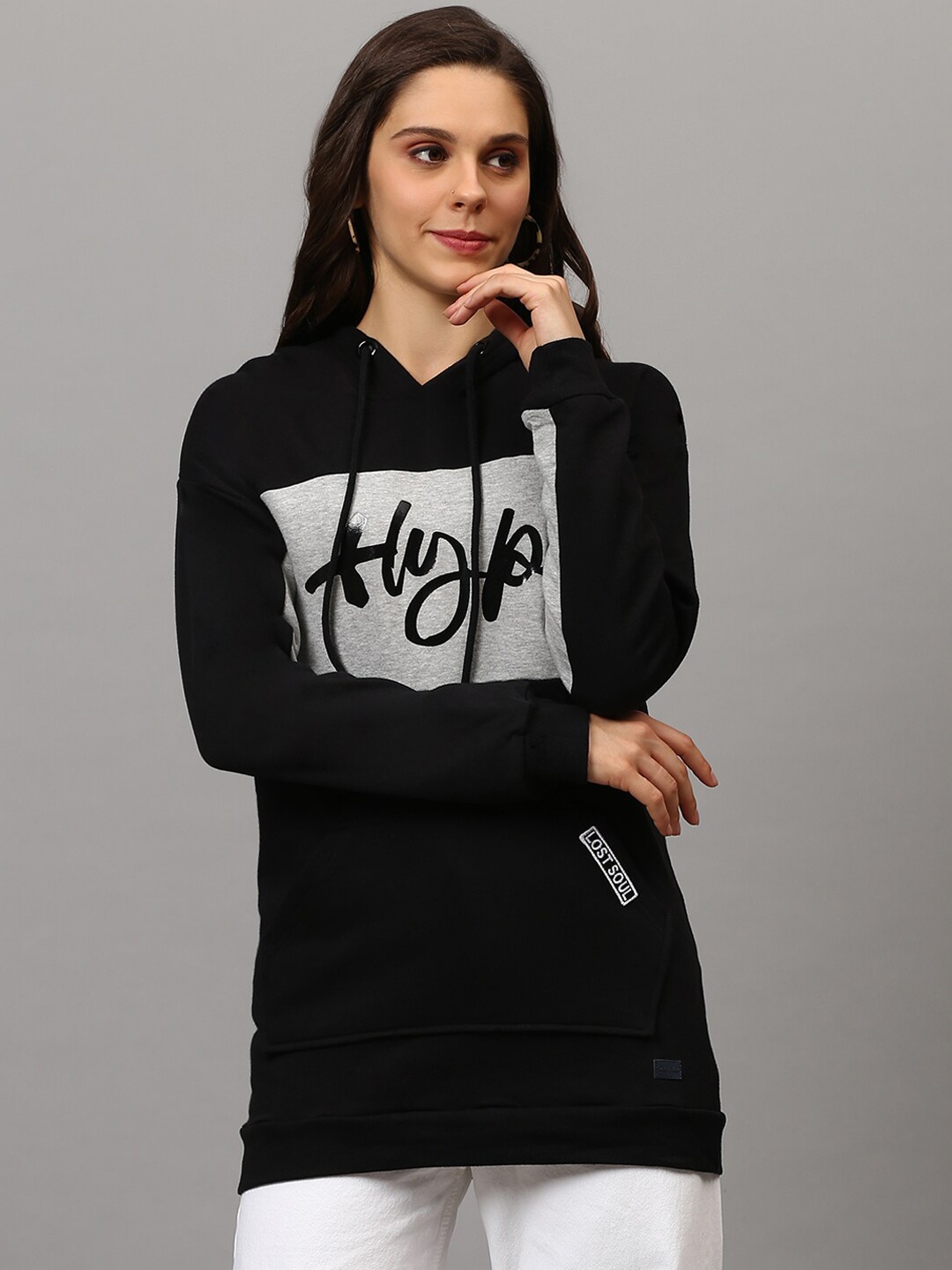 

Campus Sutra Women Black & Grey Typography Printed Longline Cotton Hooded Sweatshirt