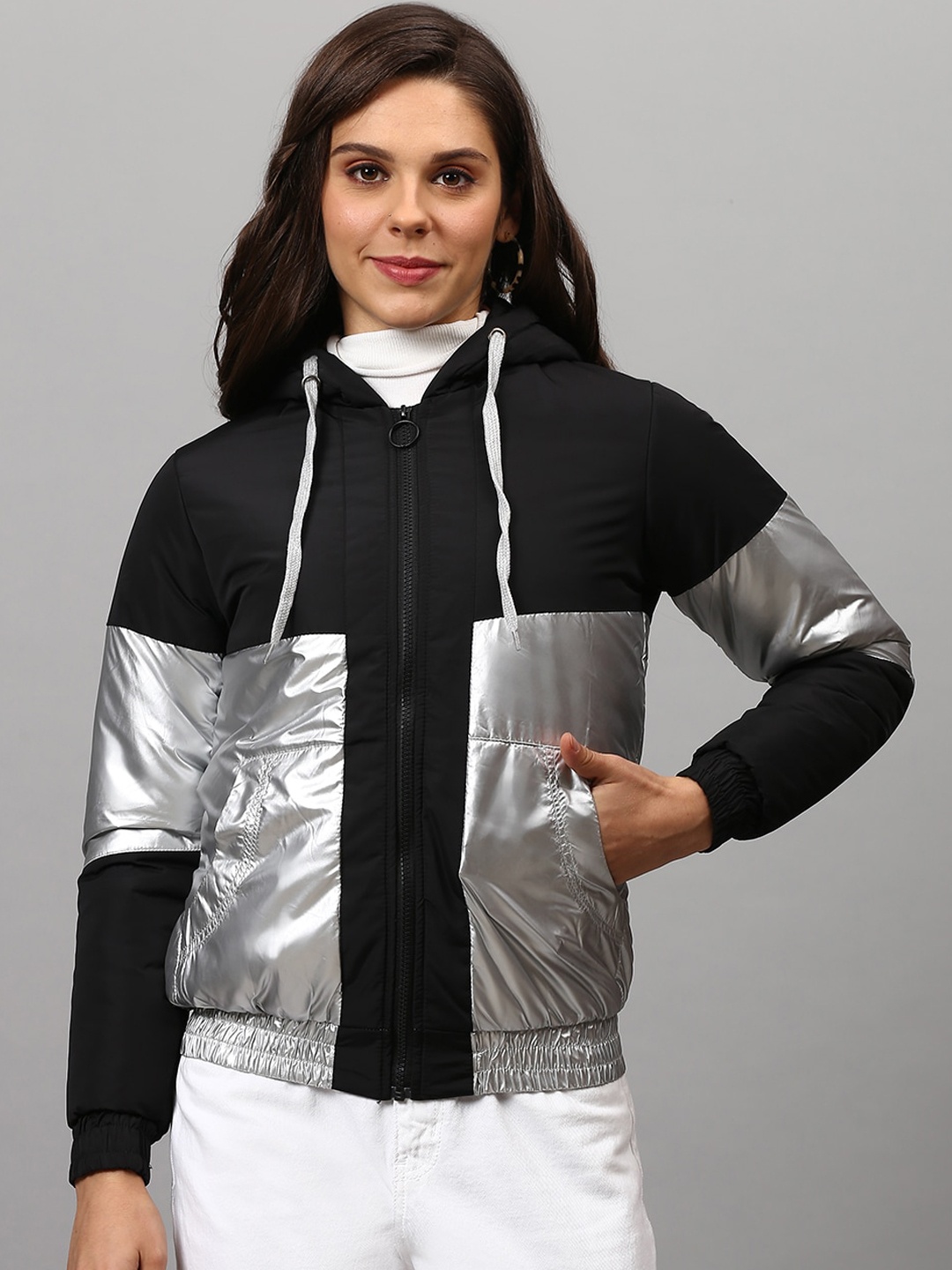 

Campus Sutra Women Black Silver-Toned Colourblocked Windcheater Longline Outdoor Padded Jacket