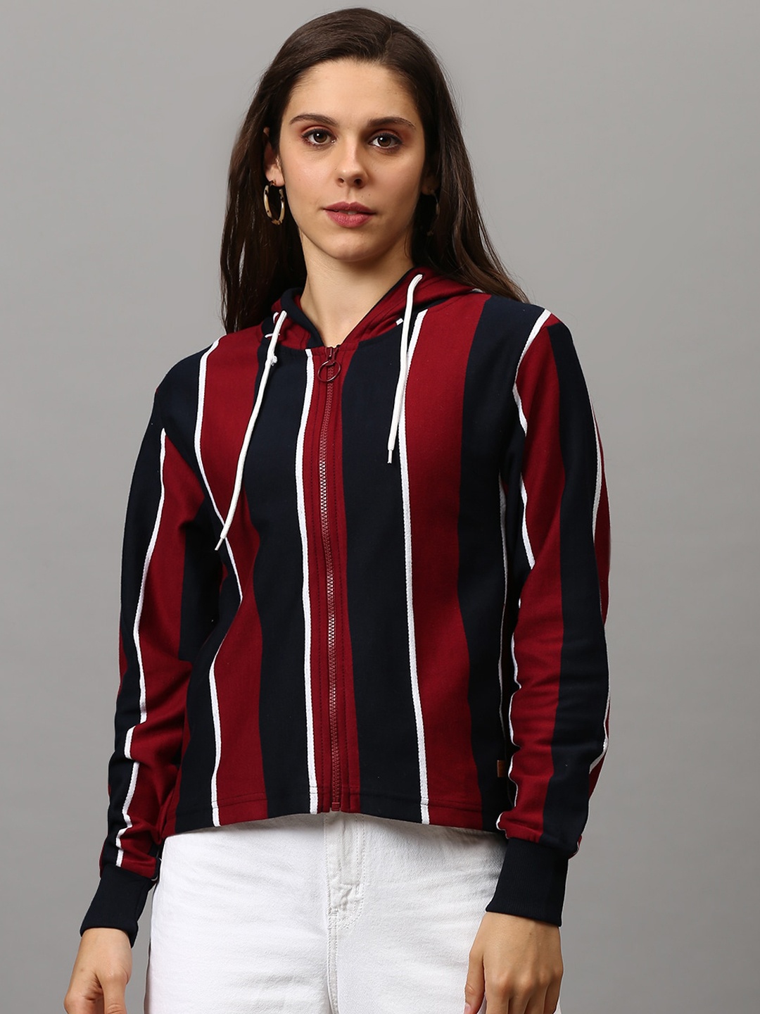 

Campus Sutra Women Red & Black Striped Hooded Sweatshirt
