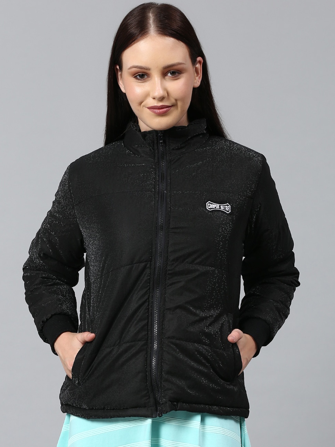 

Campus Sutra Women Black Windcheater Outdoor Quilted Jacket