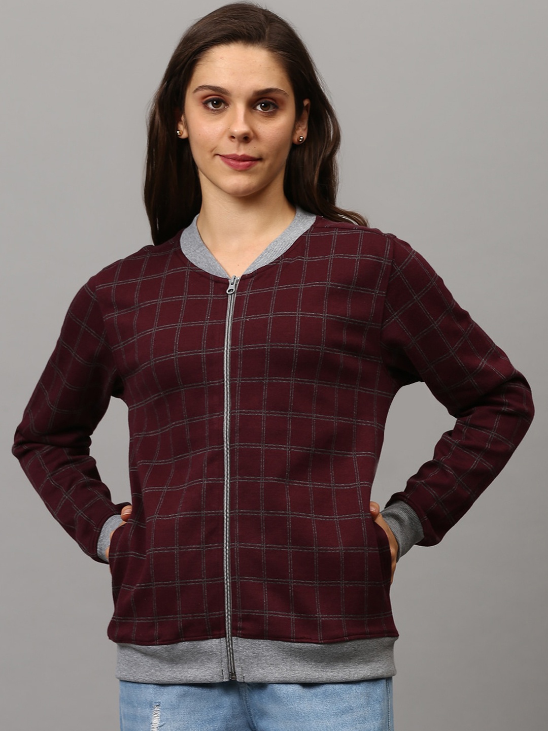 

Campus Sutra Women Brown Checked Windcheater Outdoor Tailored Jacket with Embroidered