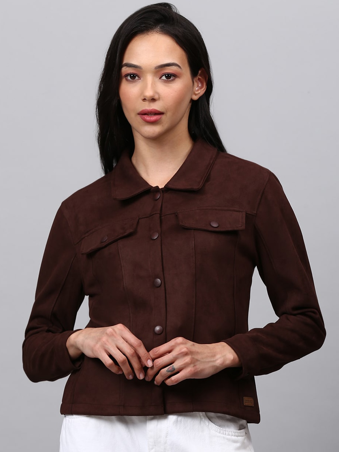 

Campus Sutra Women Coffee Brown Washed Suede Windcheater Outdoor Denim Jacket