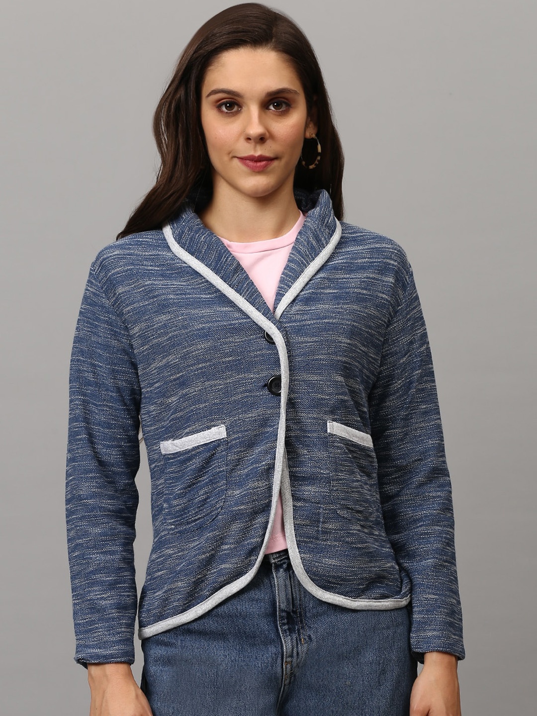 

Campus Sutra Women Blue & White Self Design Single-Breasted Casual Blazer
