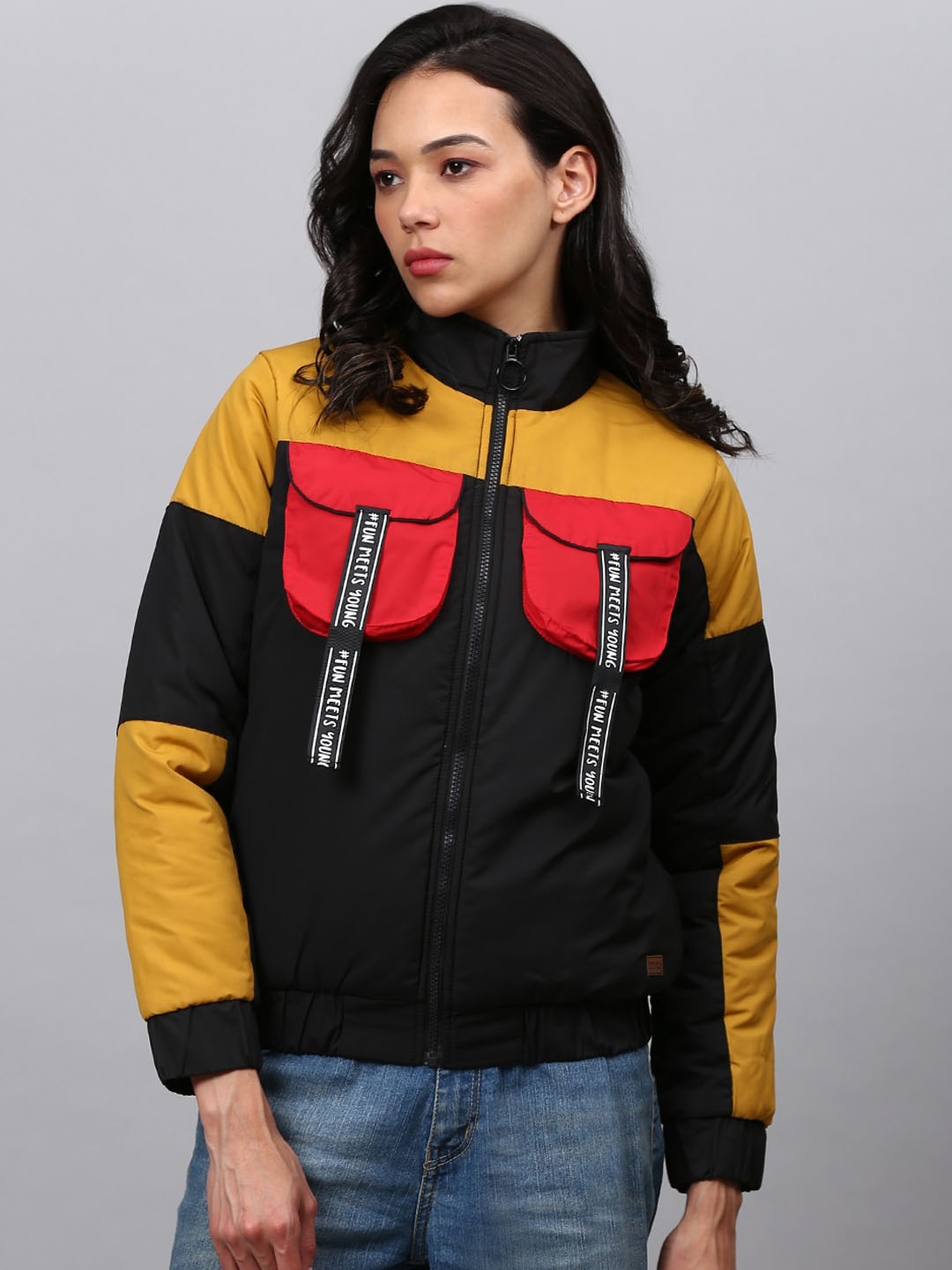 

Campus Sutra Women Black Mustard Colourblocked Windcheater Bomber Jacket