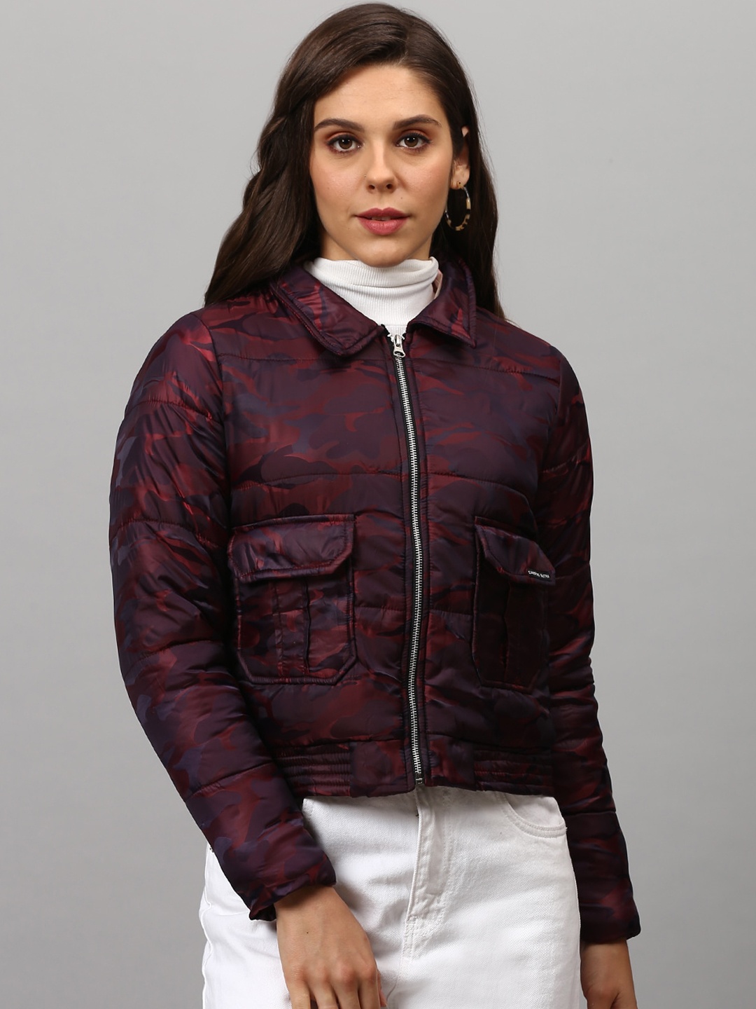 

Campus Sutra Women Maroon Camouflage Windcheater Crop Outdoor Tailored Jacket with Embroidered