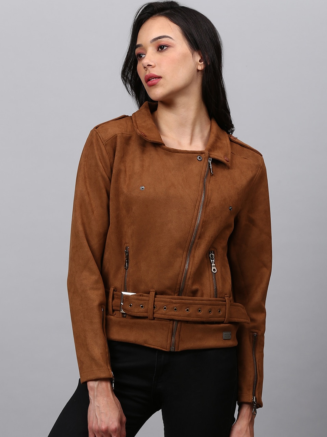 

Campus Sutra Women Brown Suede Windcheater Crop Biker Jacket