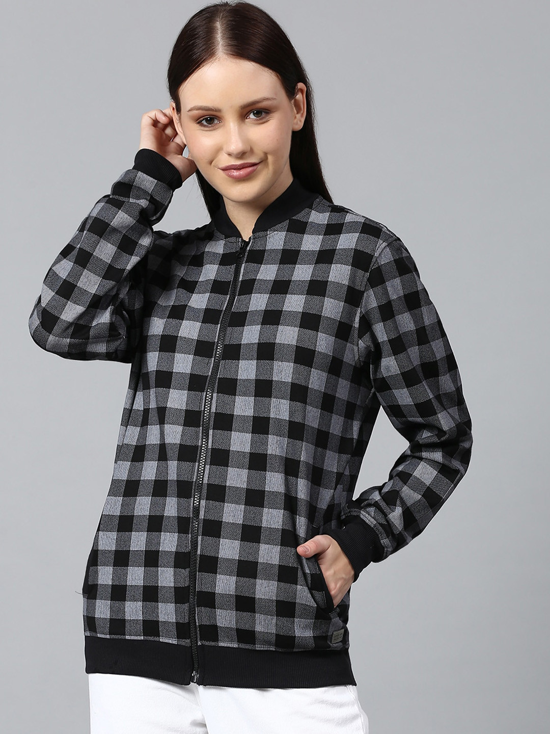 

Campus Sutra Women Black Checked Windcheater Outdoor Bomber Jacket