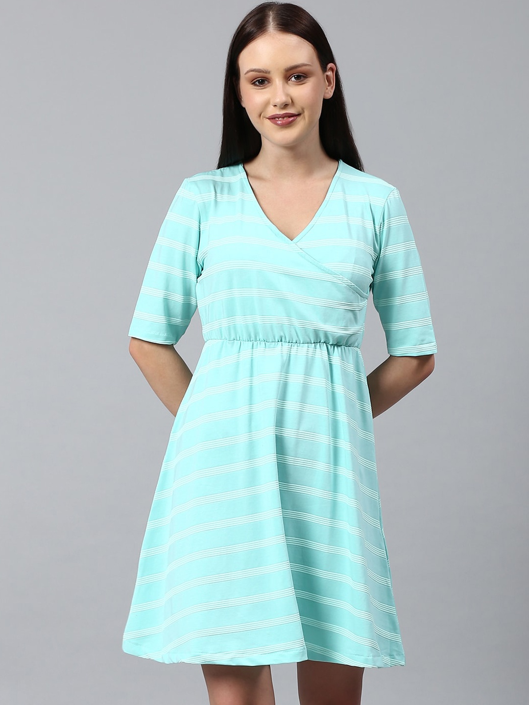 

Campus Sutra Turquoise Blue Striped Dress