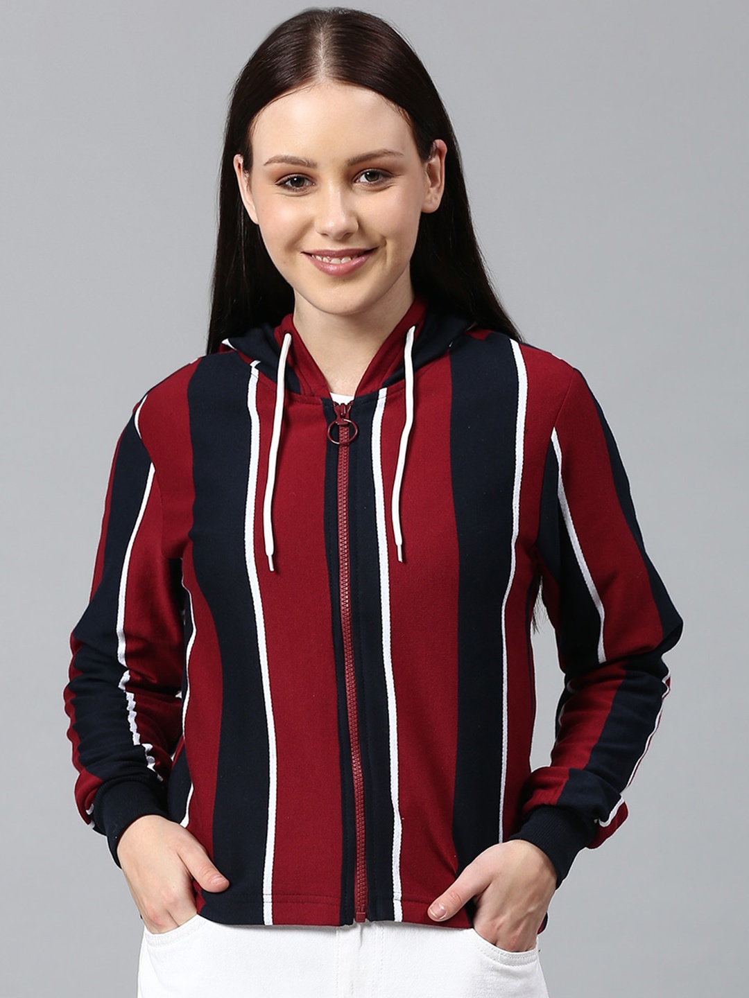 

Campus Sutra Women Red & Black Striped Hooded Sweatshirt