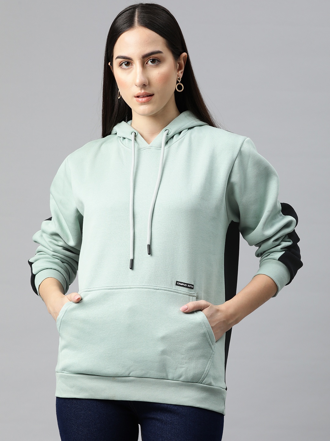 

Campus Sutra Colourblocked Hooded Casual Sweatshirt, Green