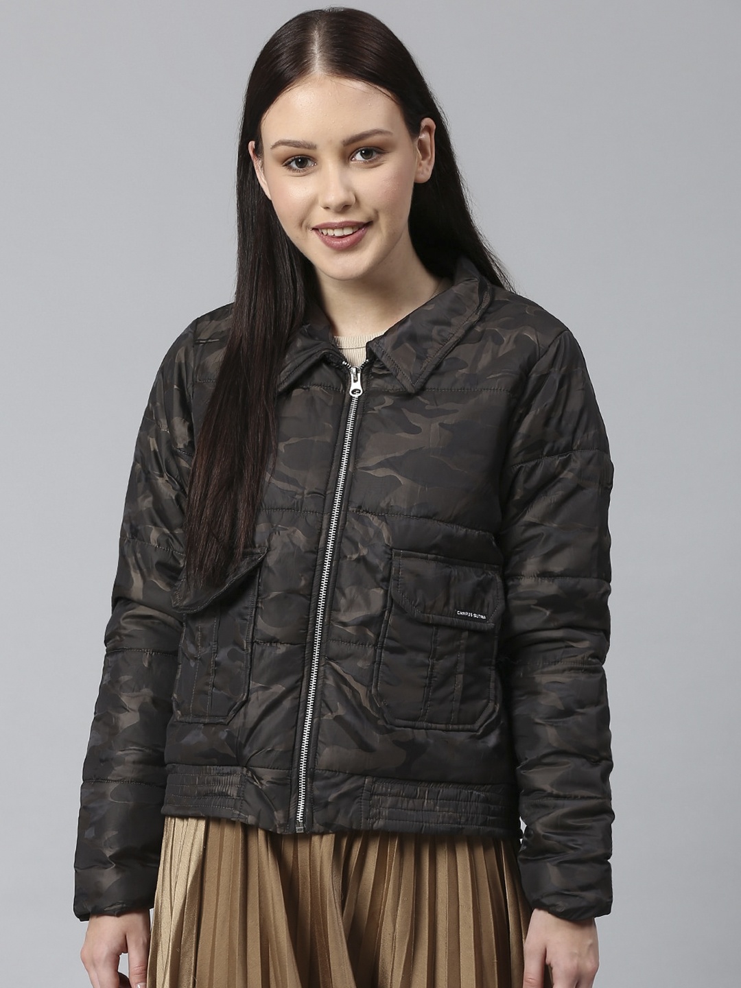 Campus Sutra Women Brown Camouflage Windcheater Bomber Jacket