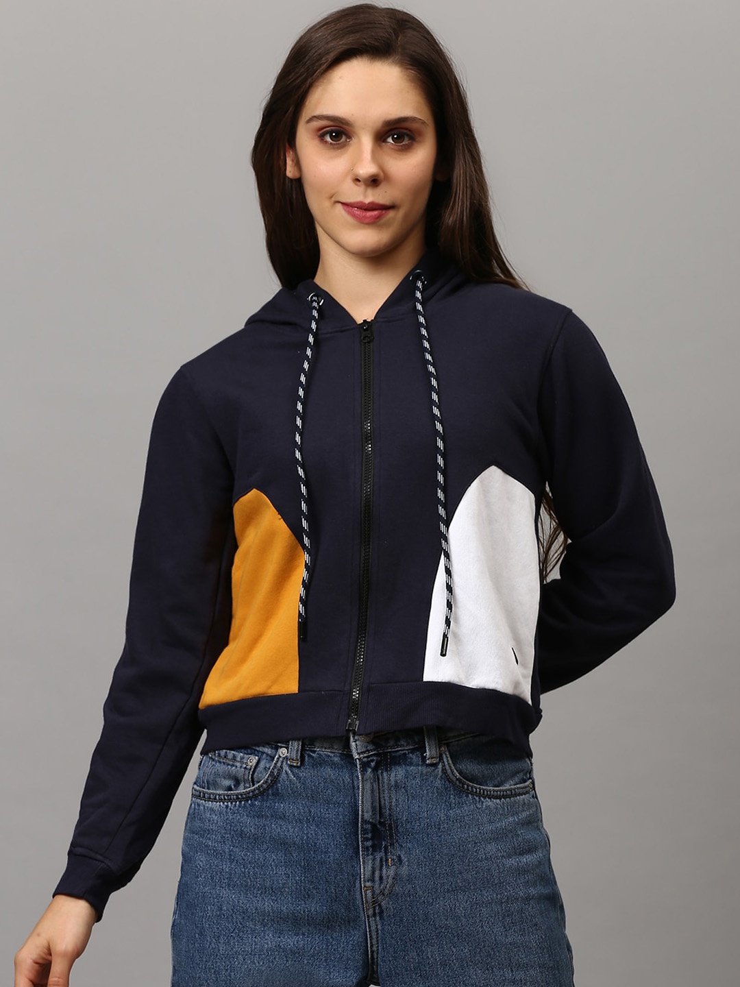 

Campus Sutra Women Navy Blue Colourblocked Hooded Sweatshirt